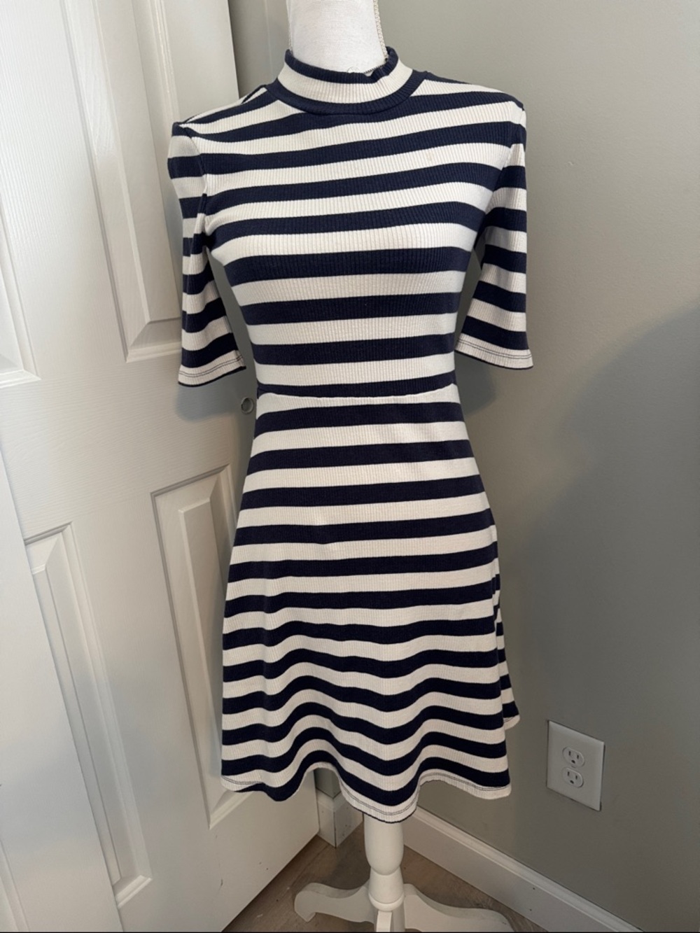 Maison Jules Navy and White Striped Fit-and-Flare Mini Dress
